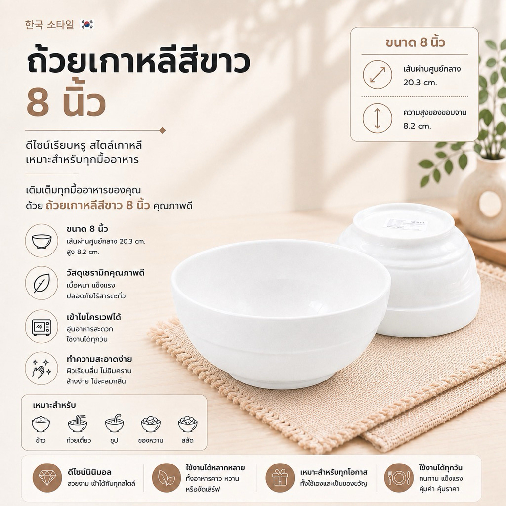 ถ้วยเกาหลีสีขาว 8 นิ้ว
