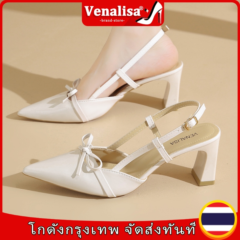 Venalisa แฟชั่น สูง รองเท้าส้นสูง หนัง แหลม รองเท้าแตะ โค้งคำนับ ส้นหนา 3 นิ้ว งานออฟฟิศ