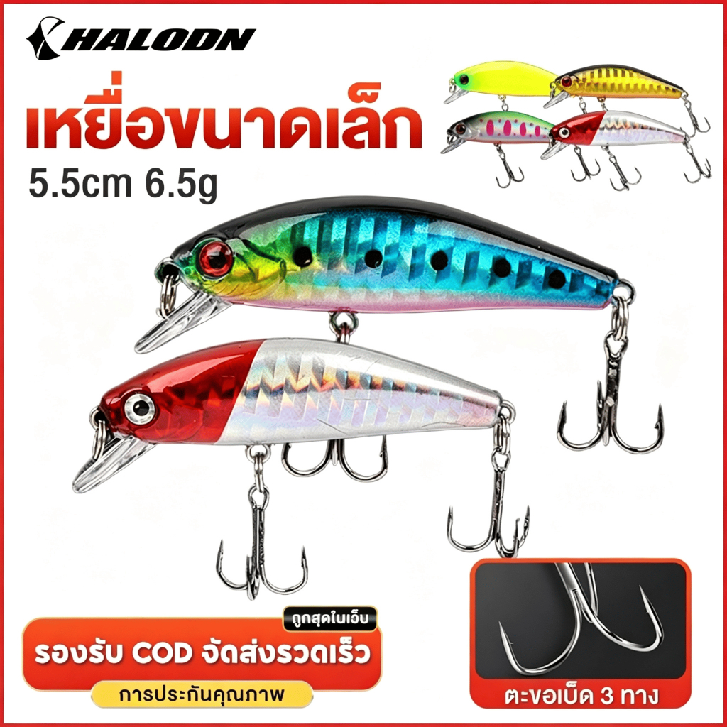 HALODN เหยื่อตกปลา ปลอม Sinking Minnow 6.5 กรัม 5.5 ซม พร้อมตะขอ นตกปลาล พลาสติกเหยื่อ เหยื่อตกปลาพลาสติกแข็ง