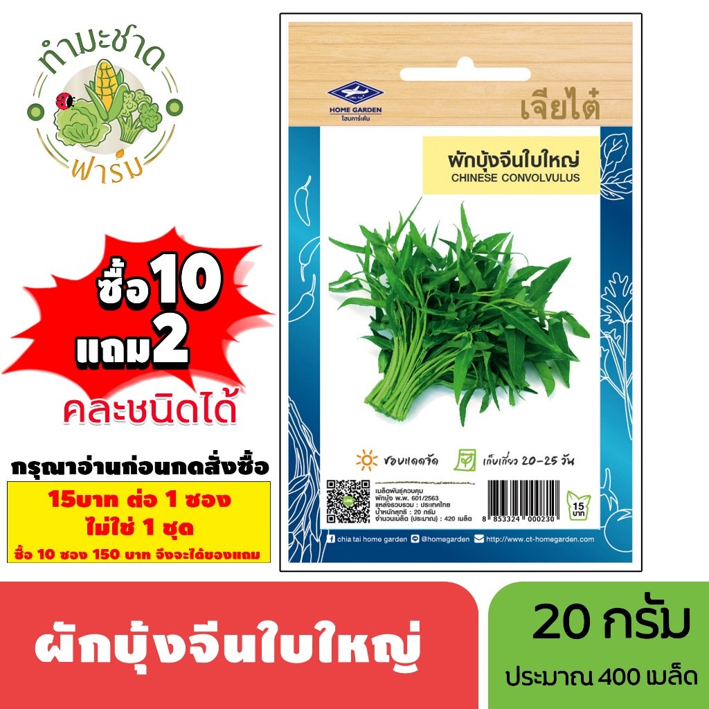 [1ซอง] เจียไต๋ (ซื้อ10แถม2) เมล็ดพันธุ์ ผักบุ้งจีนใบใหญ่ ขนาด20กรัม ประมาณ420เมล็ด Morning Glory ผักบุ้งจีน เมล็ดพันธุ์พ