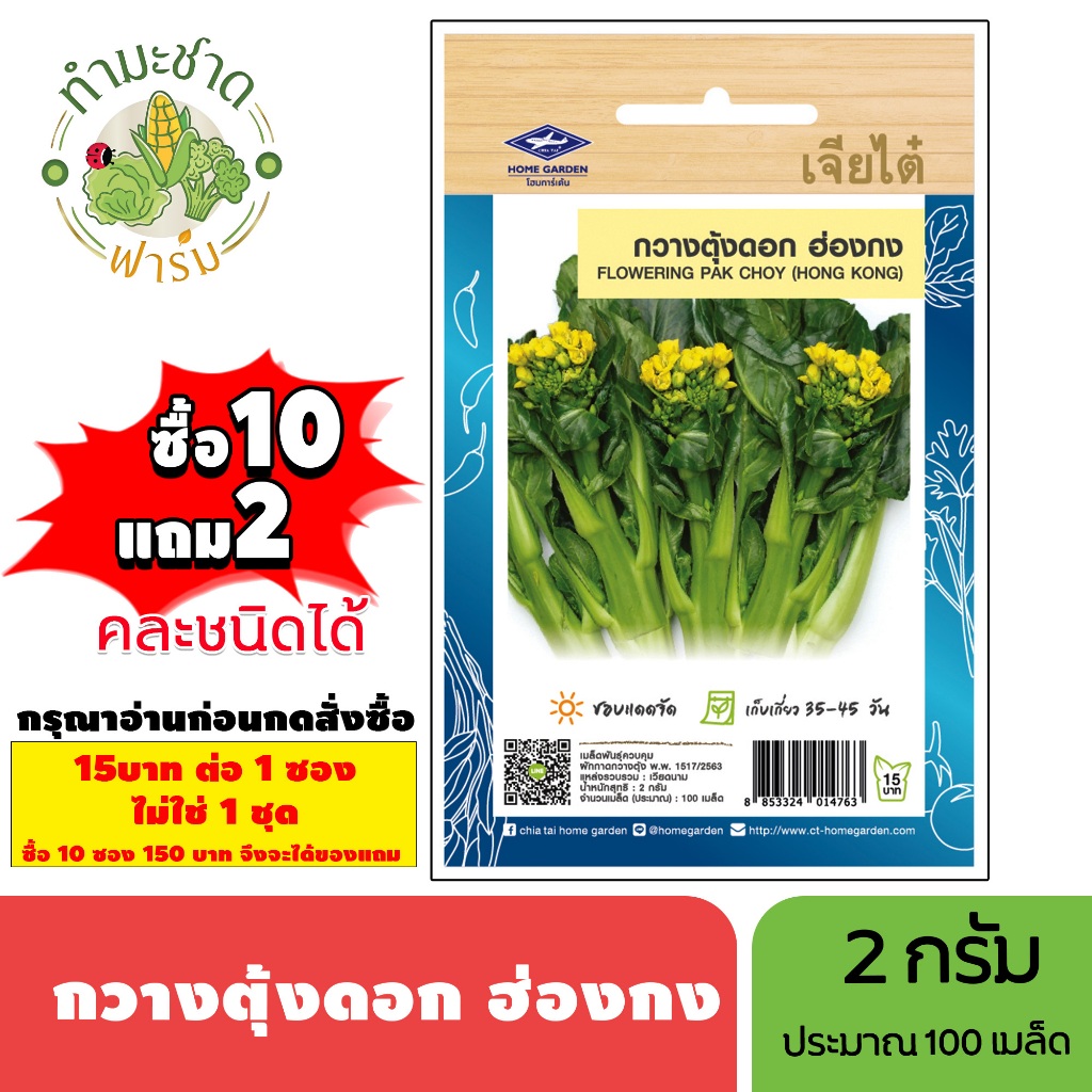 [1ซอง] เจียไต๋ (ซื้อ10แถม2) เมล็ดพันธุ์ กวางตุ้งดอกฮ่องกง ขนาด2กรัม ประมาณ100เมล็ด Flowering Pak Choy  กวางตุ้งดอก เมล็ด