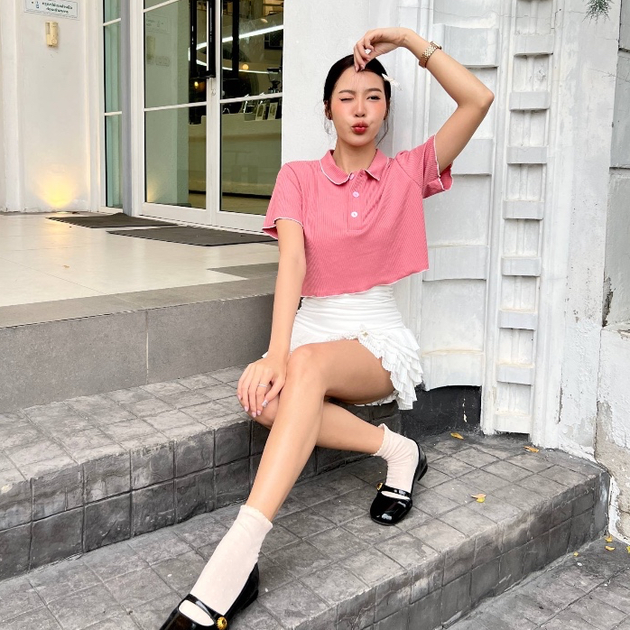 Hana Polo Shirts Top เสื้อโปโลครอป ผ้าร่อง ใส่สบาย สินค้าพร้อมส่ง