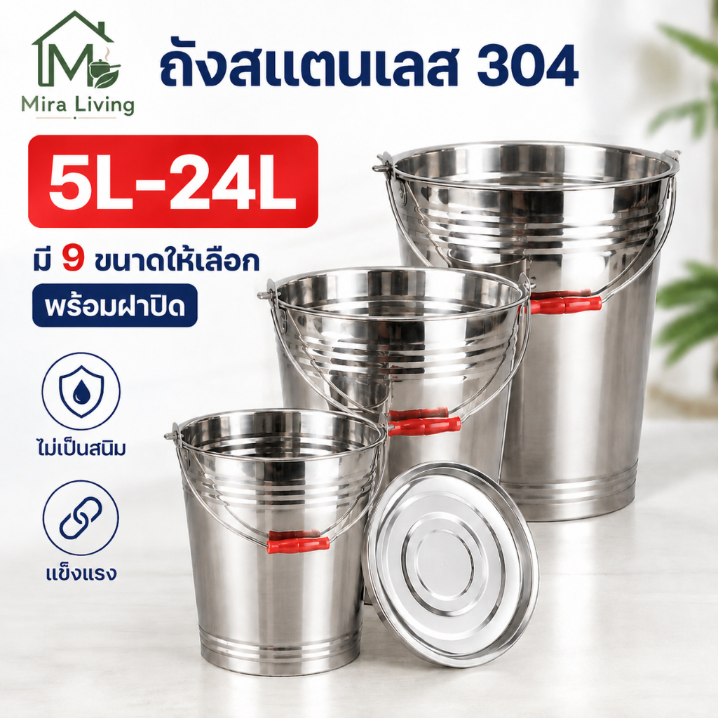 ถังสแตนเลส 304 พร้อมฝาปิด ถังน้ำอเนกประสงค์ ถังเก็บของ กันฝุ่น ไม่เป็นสนิม แข็งแรงทนทาน มีหลายขนาด 5L-24L