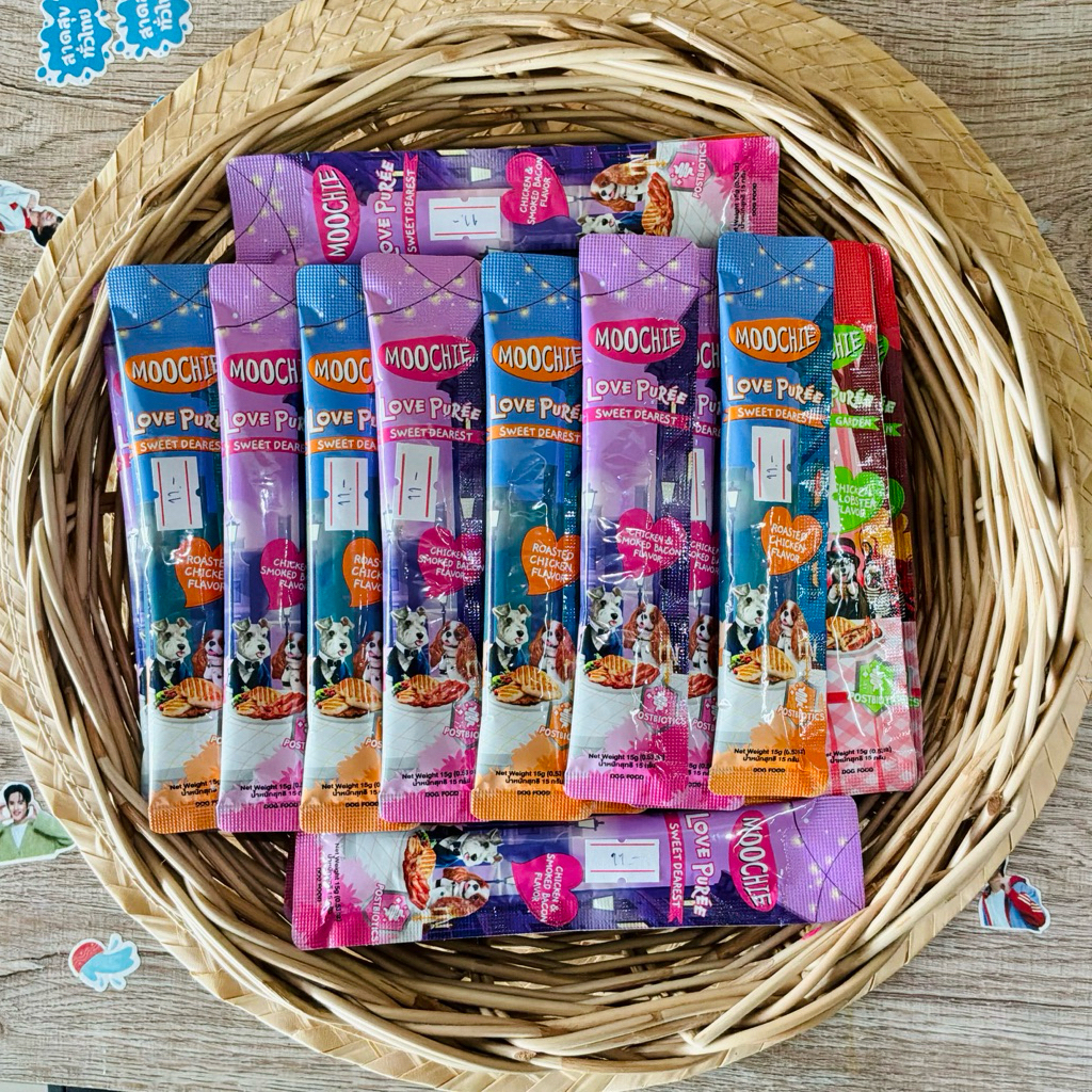 Moohie Love puree ขนมสุนัข ชนิดเปียก ซองขนาด 15 g. หมาเลีย ที่ดีต่อลำไส้ เนื้อครีมมี่ อาหารว่างน้องหมา มูชี่