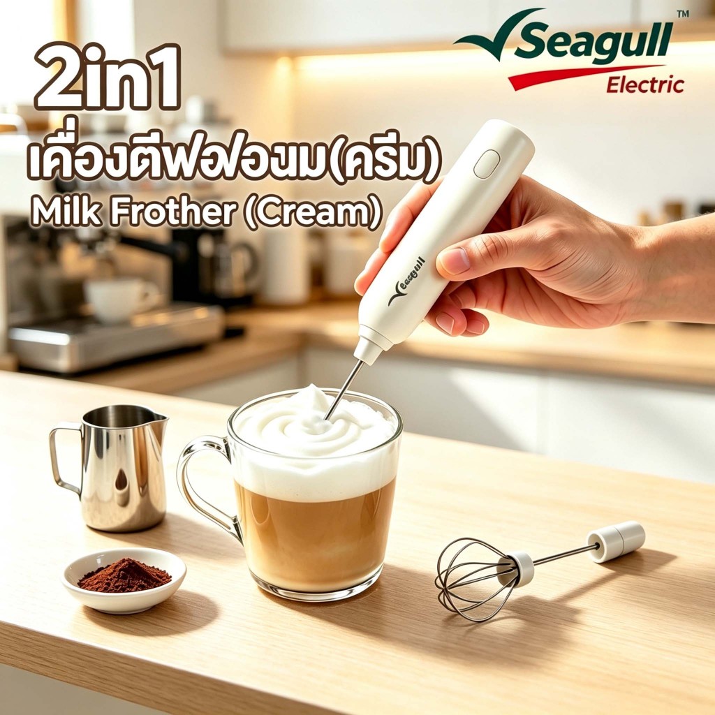 [ สินค้าใหม่]Seagull เครื่องตีฟองนม 2 in 1 (ครีม) เครื่องตีฟองนมไร้สาย เครื่องตีฟองนมไฟฟ้า