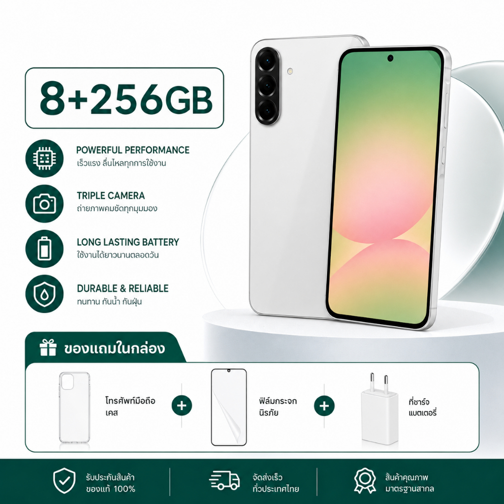 อุปกรณ์สมาร์ทโฟน A56 8+256GB มาพร้อมหน้าจอ 6.7 นิ้ว แบตเตอรี่ 5,000 mAh และกล้อง 50 MPมีระบบค้นหาอัจฉริยะ ทำให้การค้นหาข