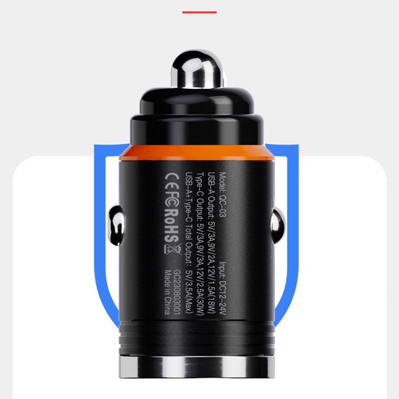d-power ที่ชาร์จในรถ รุ่น QC-03 Mini Metal Car Charger 30W USB + Type-C PD QC Fast Charge