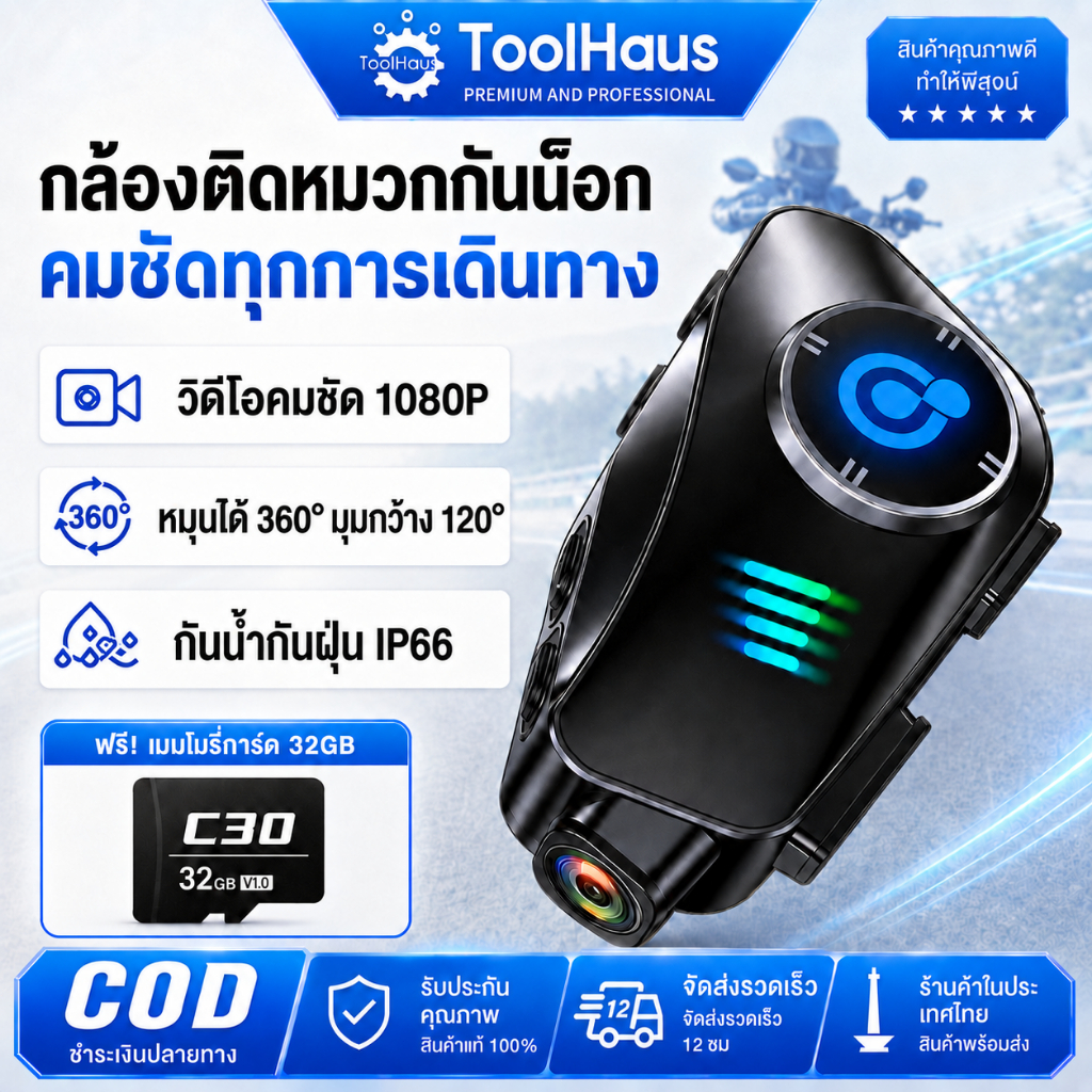 กล้องบันทึกวิดีโอสำหรับรถจักรยานยนต์ 1080P Bluetooth WiFi HD วิดีโอหูฟังไร้สาย ขี่จักรยาน DVR