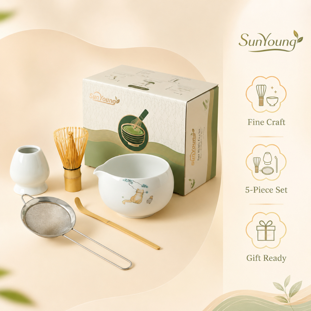 Cat Matcha Whisk Set 5 ชิ้น Matcha Bowl ถ้วยชงมัทฉะ Japan style ถ้วยชงชาเขียว แปรงชงชา gift