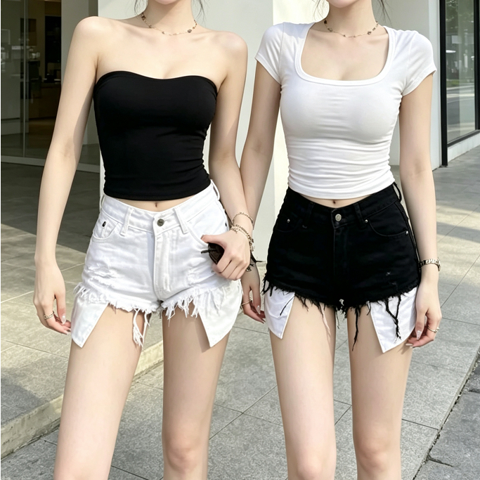 Summer Shorts กางเกงยีนส์เอวสูงแบบสั้น โชว์รูปร่าง กางเกงขาสั้นไซส์ใหญ่ [S-5XL]#6666-6667