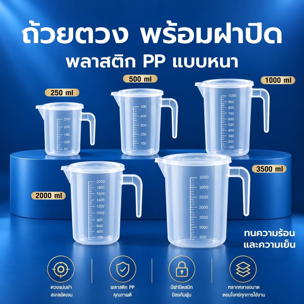 ถ้วยตวงพร้อมฝาปิดมีวัดระดับมิลลิลิตร( ML) พลาสติกPP เนี้อหนา เหนืยวทนทาน ทนแรงกระแทก ไม่แตกง่ายใช้สำหรับตวงของเหลว