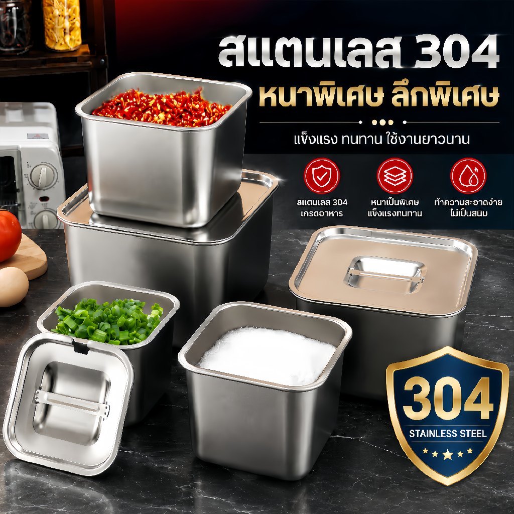 กล่องเก็บอาหาร กล่องใส่อาหาร ถนอมอาหาร สแตนเลส 304 พร้อมฝา ไม่ขึ้นสนิม ทนทาน ขนาด 12/14/16/18/20 ซม.