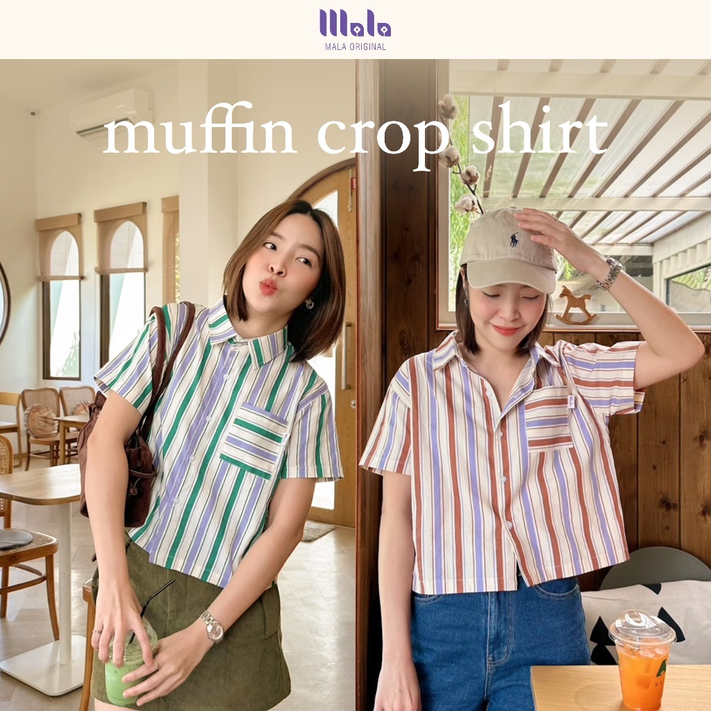 MalaOriginal |【2 สี】Muffin Crop Shirt เสื้อเชิ้ตครอป แขนสั้น ลายทาง คอตตอนออร์แกนิก มีกระเป๋าหน้า 1 ใบ