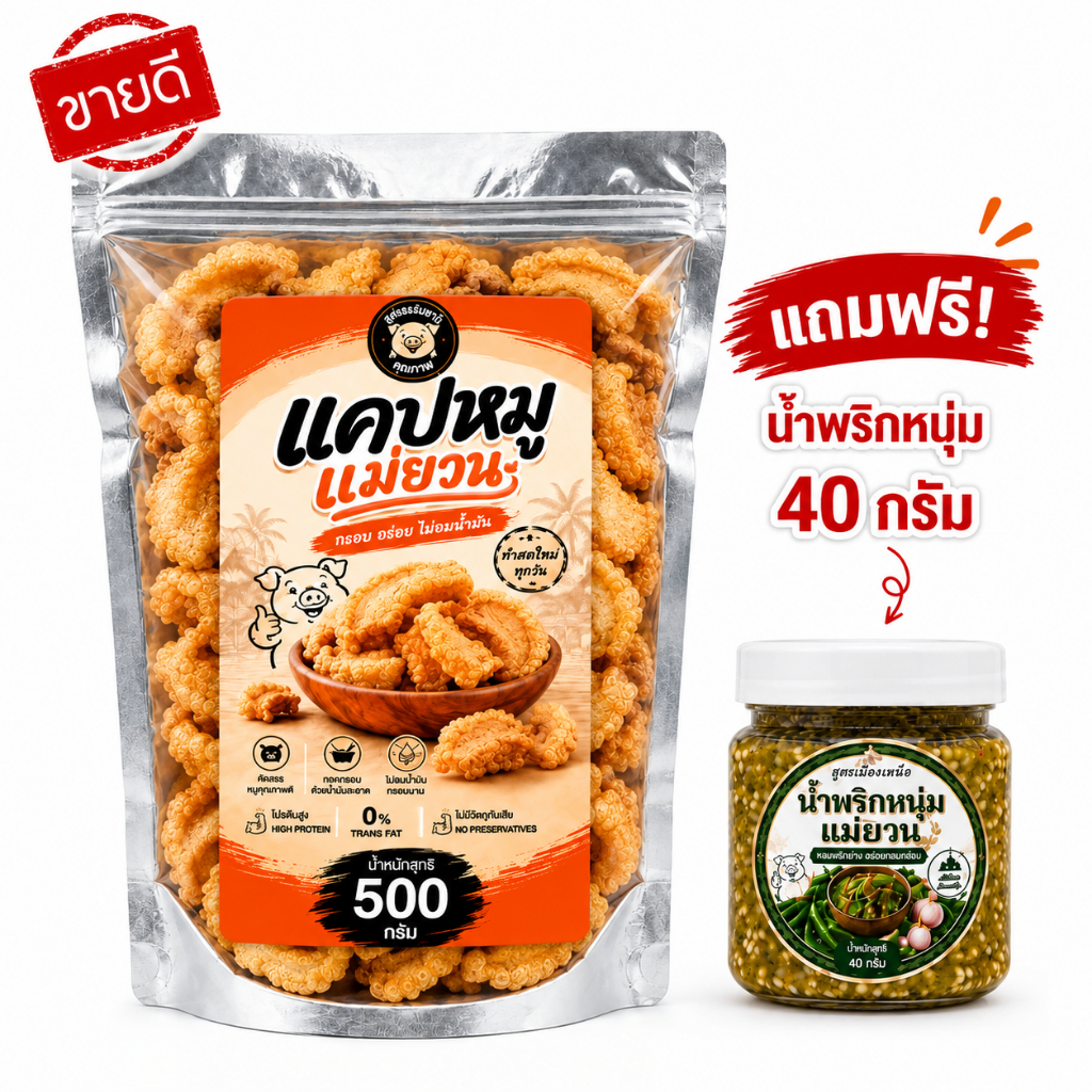 แคบหมูติดมันแม่ยวน 500 กรัม พร้อมทาน แถมฟรีน้ำพริกหนุ่ม 40 กรัม กรอบ อร่อย ไม่อมน้ำมัน สูตรเมืองเหนือ