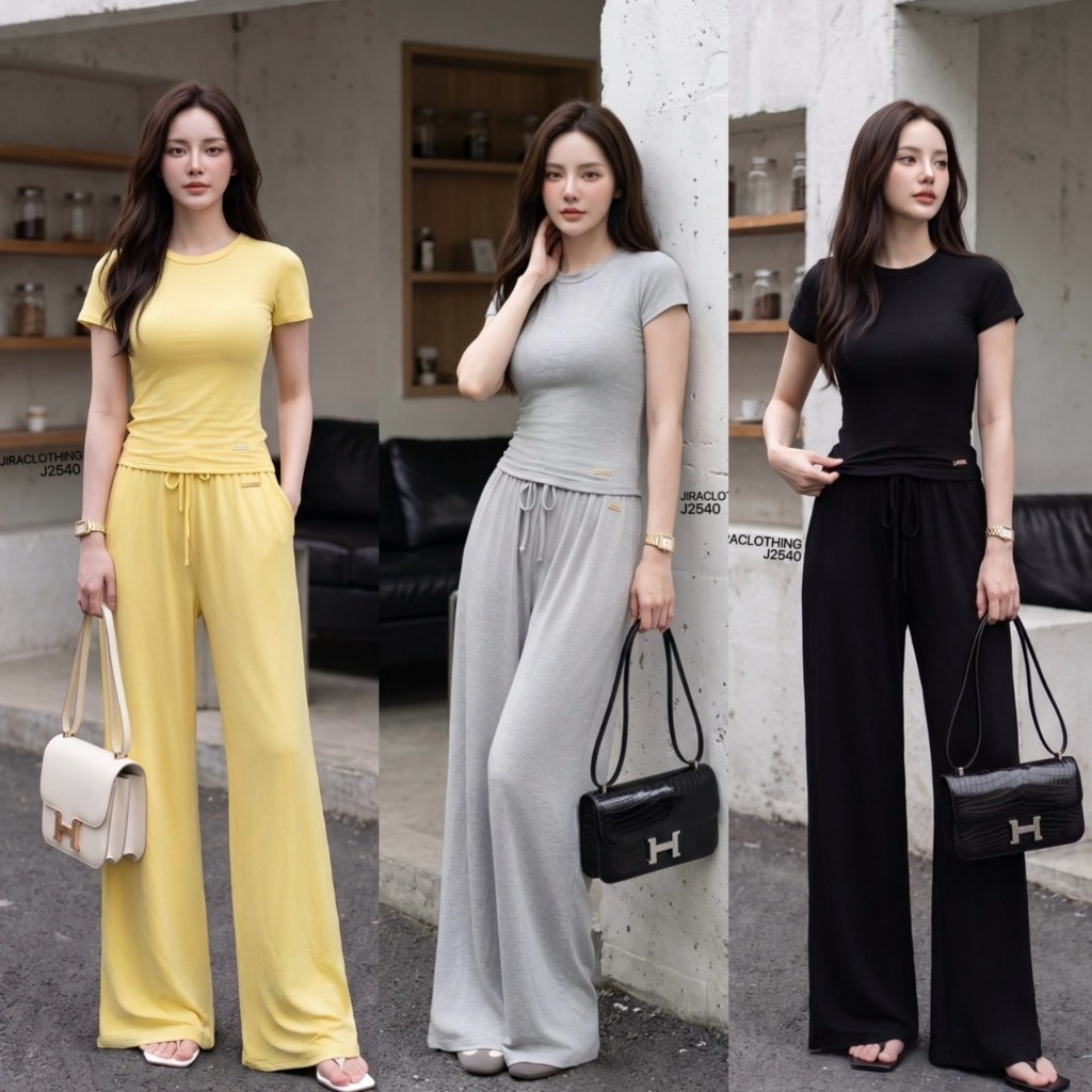 J2540 เซทเสื้อยืดเข้ารูป+กางเกงขายาวเชือกผูก