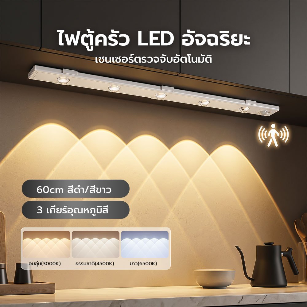ไฟเซ็นเซอร์ LED 60cm ไร้สาย 3 โทนแสง ปรับความสว่าง ชาร์จ Type-C ไฟตู้เสื้อผ้า ติดตั้งง่าย ไม่ต้องเจาะผนัง