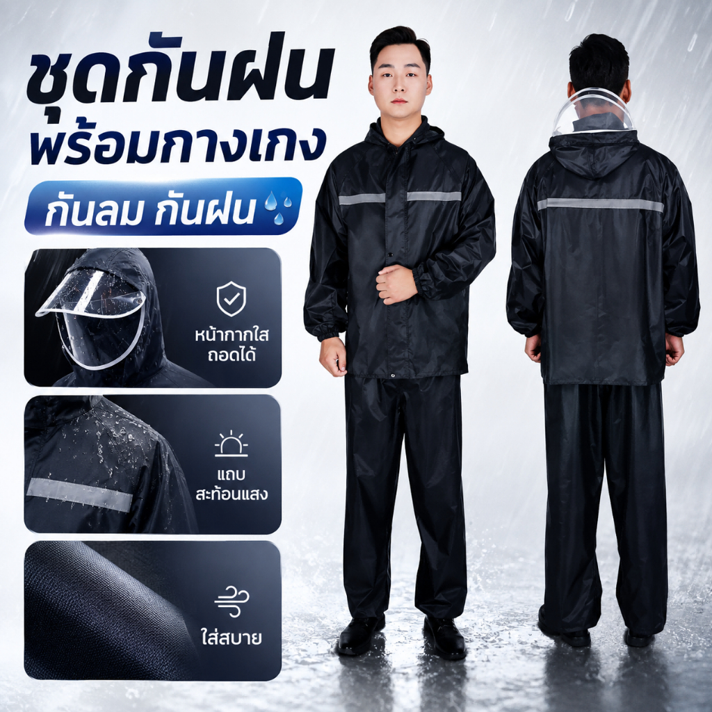 ชุดกันฝนเสื้อกางเกง พร้อมหน้ากากใสถอดได้ แถบสะท้อนแสง กันน้ำเต็มตัว ใส่สบาย เหมาะขี่มอเตอร์ไซค์ทำงานกลางแจ้ง