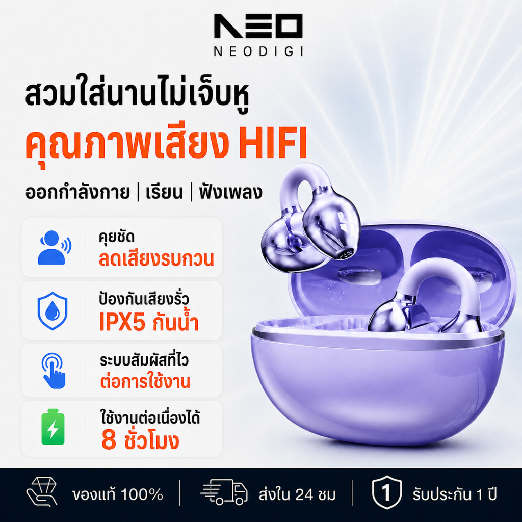NEODIGI KY66 หูฟังแบบหนีบหู การออกแบบ C-bridge เทคโนโลยีการฟังแบบเปิดหู เสียงสเตอริโอระดับ HiFi การควบคุมแบบสัมผัส IPX5