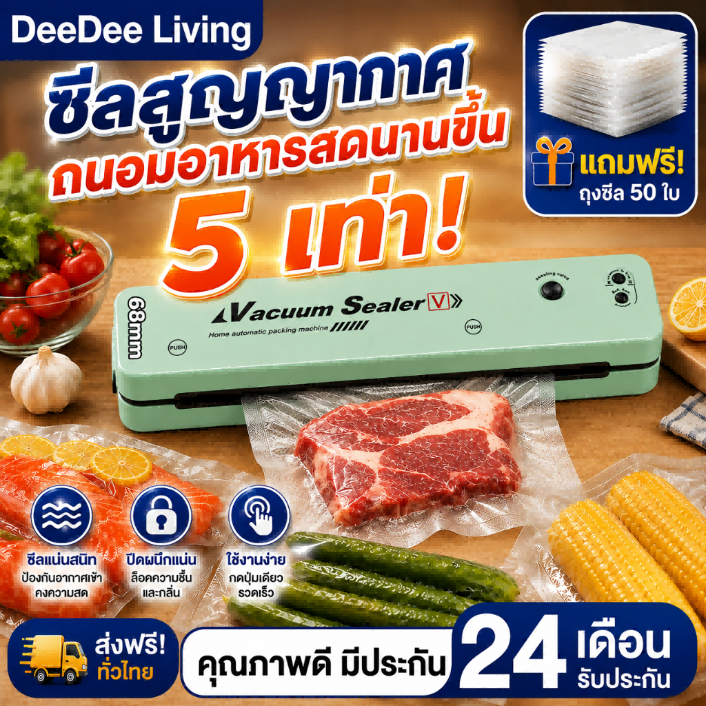 【พร้อมส่ง】DeeDee เครื่องซีลสูญญากาศ Vacuum Sealer เครื่องซีลถุงพลาสติกอัตโนมัติ ช่วยถนอมอาหาร สำหรับใช้ในครัวเรือน