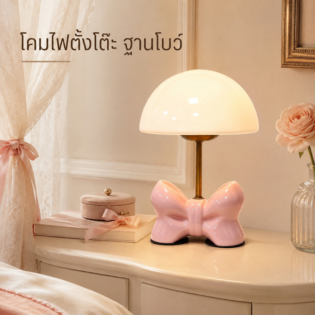 โคมไฟรูปโบว์ชมพู เซรามิก โคมไฟตั้งโต๊ะโบว์ชมพู LED โคมไฟหัวเตียง ปรับแสง 3 สี โคมไฟแต่งห้อง มินิมอล โคมไฟห้องนอน น่ารัก