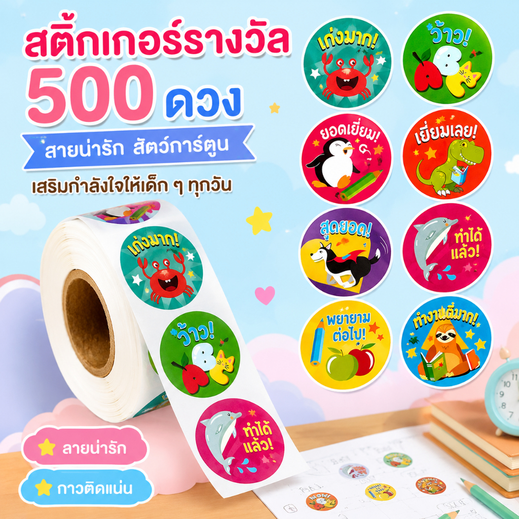 Luxe-T สติกเกอร์รางวัล500ชิ้นสติกเกอร์ให้กำลังใจสติ๊กเกอร์เด็กน่ารักสัตว์ COD
