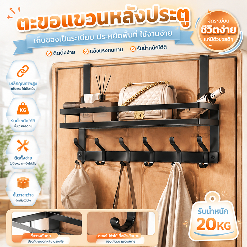 ที่แขวนของหลังบานประตู ไม่ต้องเจาะ ที่แขวนกระเป๋า จัดเก็บเสื้อผ้า ตะขอหลังประตู ตะขอแขวนหลังประตู กันน้ำ อเนกประสงค์