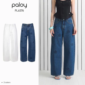 Paloy - PL6376 Poppy Jeans กางเกงยีนส์ ทรงกระบอกกลาง ดีเทลตัดเย็บแต่งดอกไม้