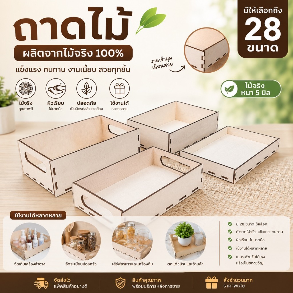 ถาดไม้ กระบะไม้ ลังไม้ ถาดเสิร์ฟอาหาร แบบมีหูและไม่มีหู 28 ขนาด