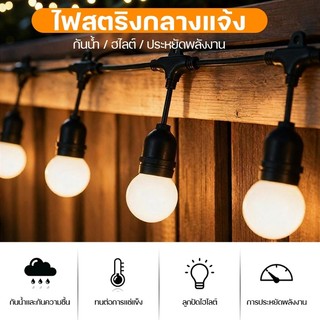 รับประกัน2ปี สายไฟห้อยระย้า ขั้วE27 5-30เมตร พร้อมหลอดไฟ 220v สายระย้า LED 3W หลอดปิงปอง ไฟตกแต่งสวน