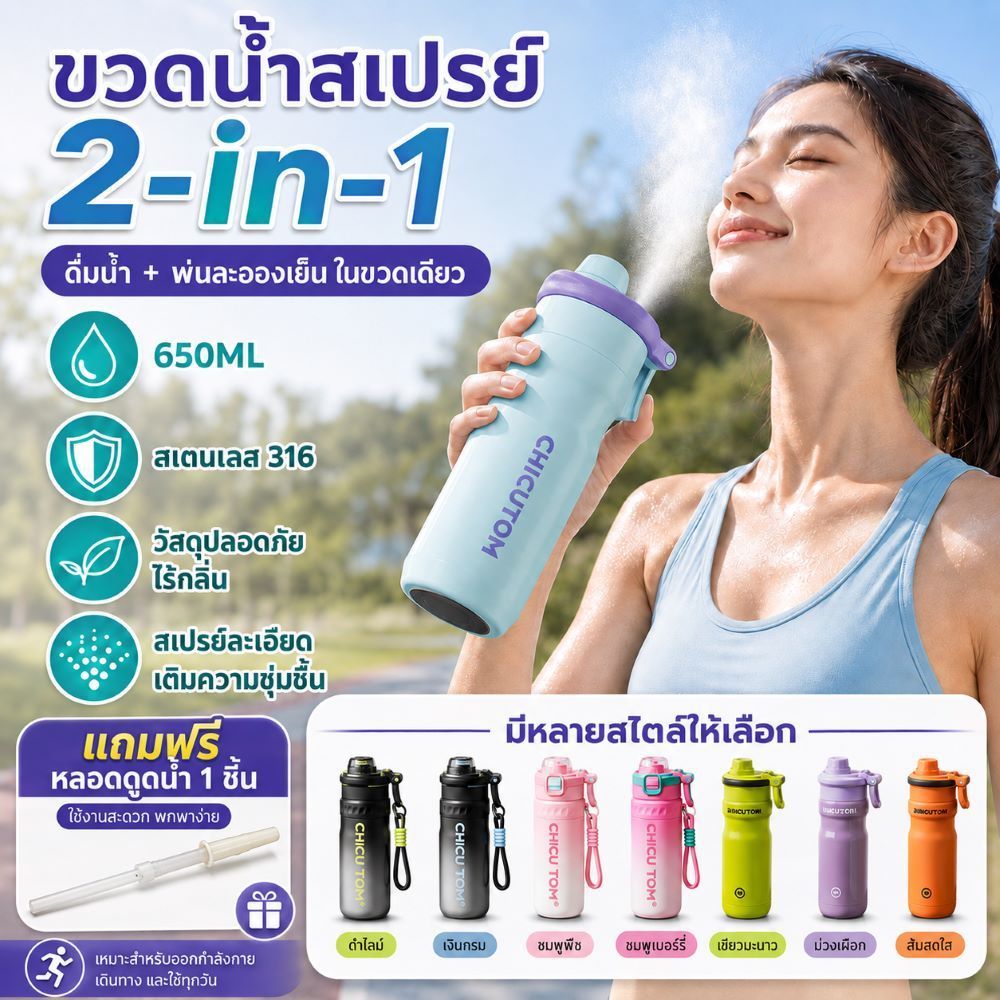 กระบอกน้ำสแตนเลส 316 ขนาด 650ML พร้อมสเปรย์เย็น ขวดน้ำกีฬา พกพาง่าย ดื่มได้ 2 แบบ เหมาะสำหรับฟิตเนส วิ่ง ปั่นจักรยา