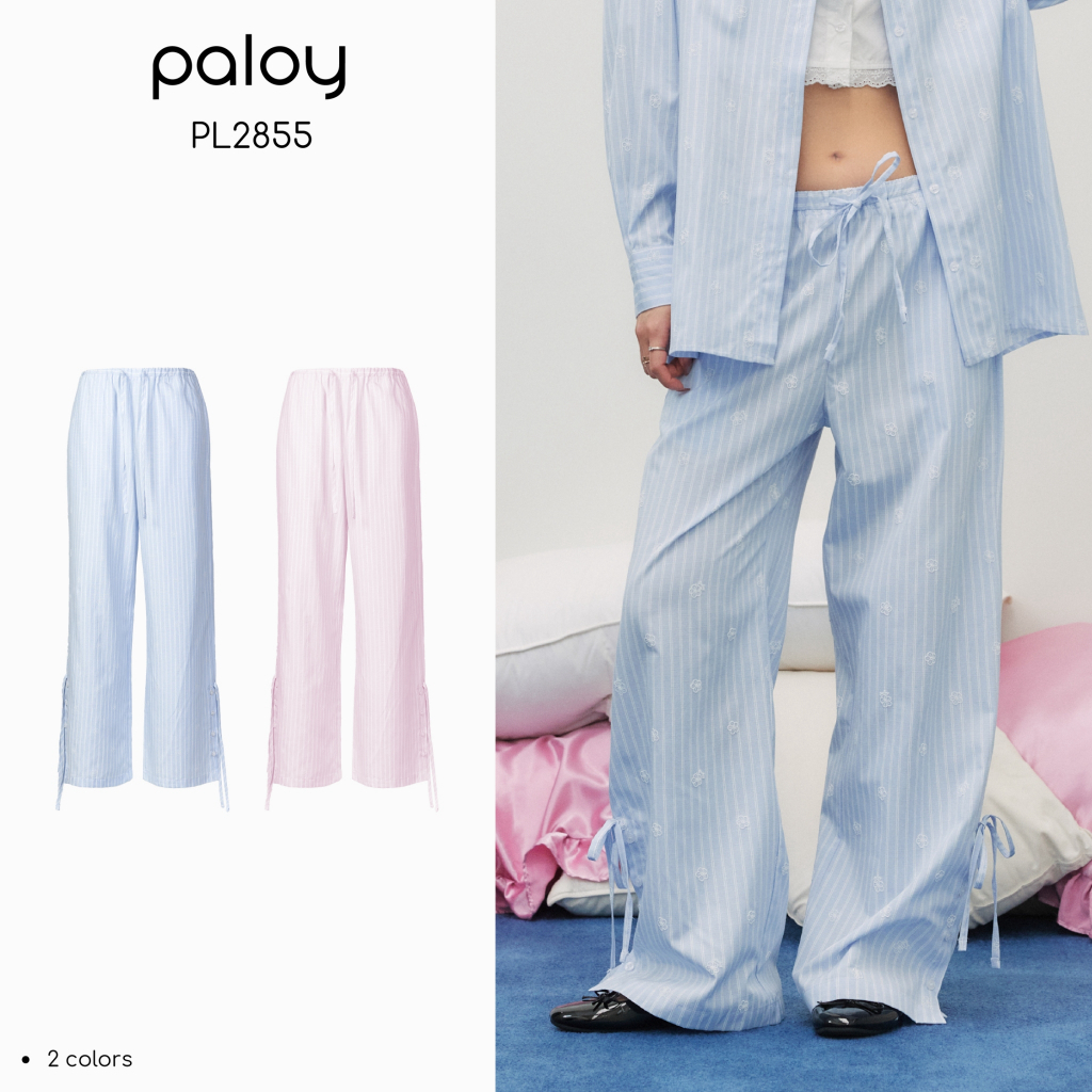 Paloy - PL2855 Lucy Pants กางเกงขายาวผ้าลายทางสกรีนเทคเจอร์ลายดอก Paloy