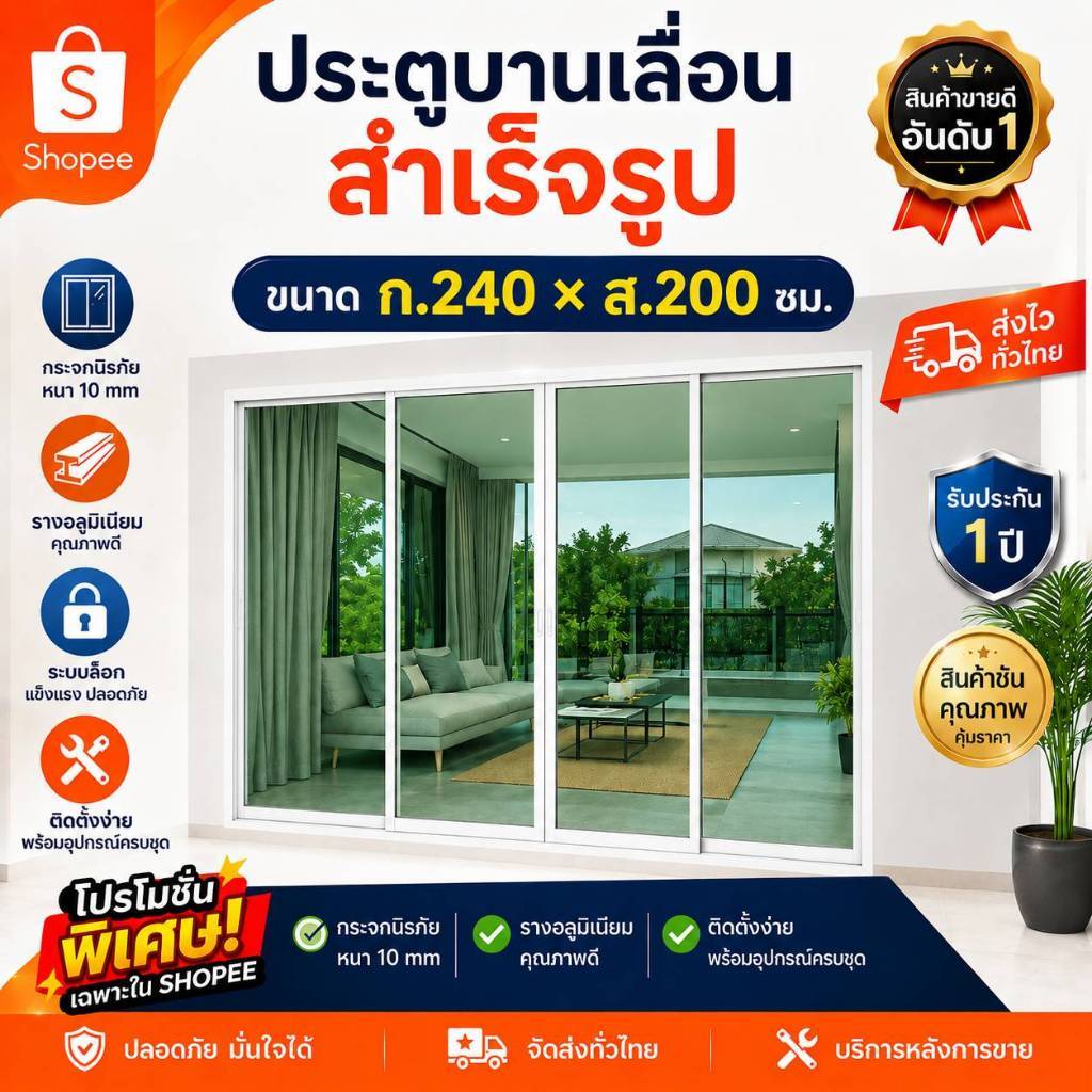 ประตูขนาด 240 x 200 cm. (กระจกเขียวใส) อลูมิเนียมบานเลื่อน 4 บาน   **สนใจงานสั่งตัดตามขนาดทักเเชทได้