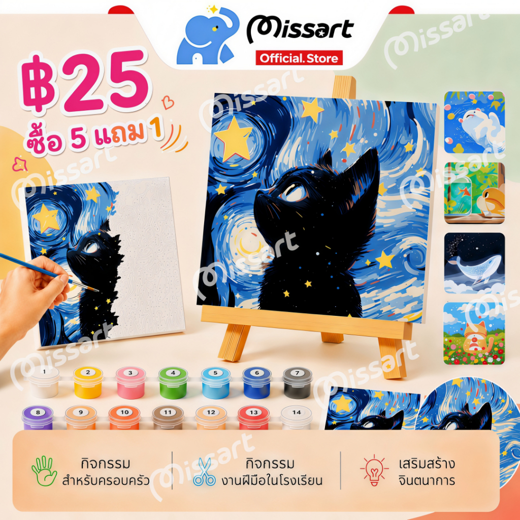 ระบายสีตามตัวเลข 20*20 ซม มีสี+พู่กัน ภาพวาดตกแต่งอะคริลิค วาดภาพสีน้ำมันดิจิตอล ของขวัญ DIY เฟรมผ้าใบ สมใจ