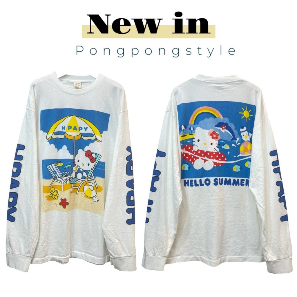 HELLO KITTY เสื้อยืดผ้าฟอกแขนยาว ทรงโอเวอไซส์ Unisex ผ้าฟอก Cotton100 งานใหม่ ทำเก่า ไม่มีตะเข็บข้าง สกรีน หน้าหลัง