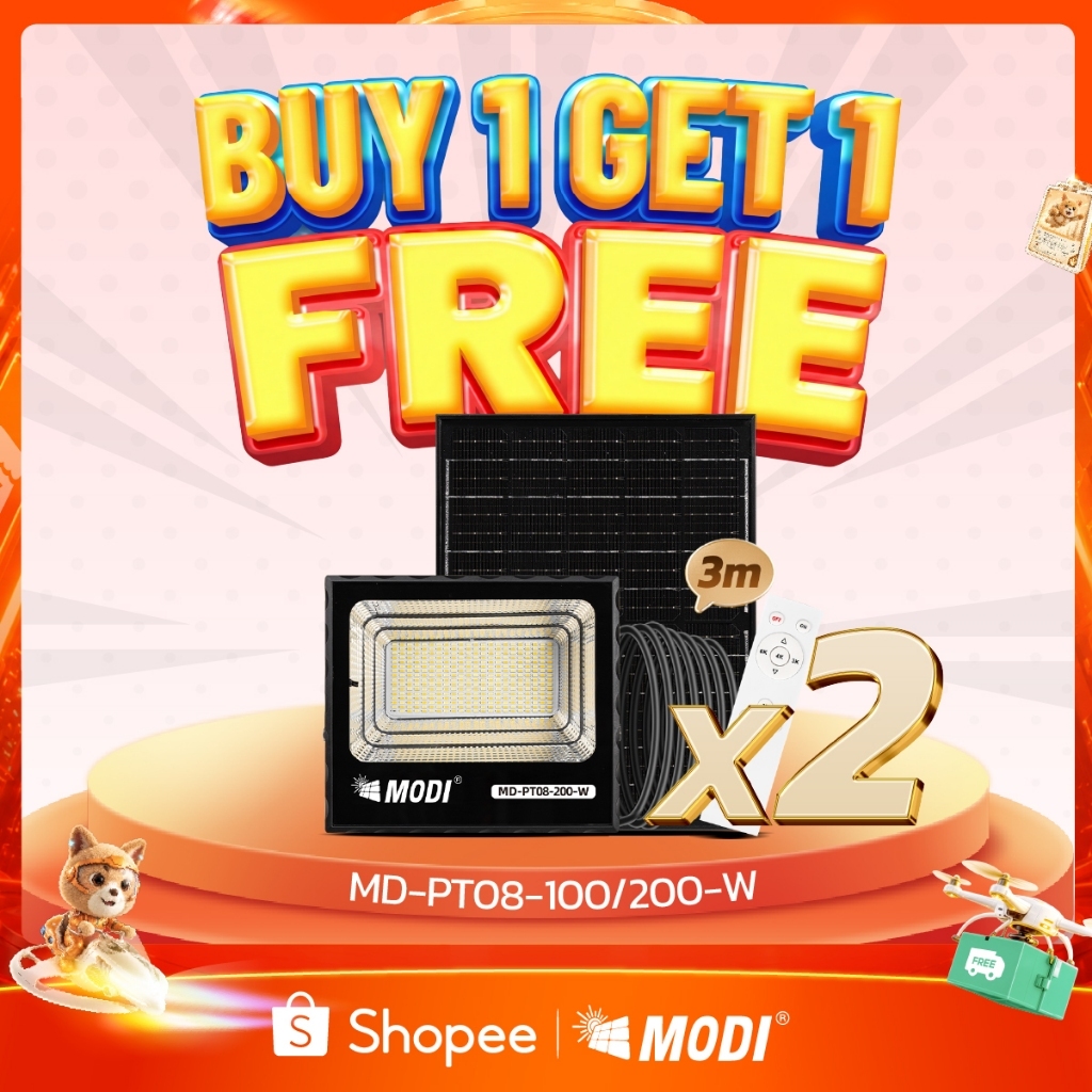 MODI 【ซื้อ1แถม1】ไฟสปอตไลท์โซล่าเซลล์100W200W เปิดได้3แสง รีโมทคอนโทรล SolarLight กันน้ำกันฝุ่นIP65