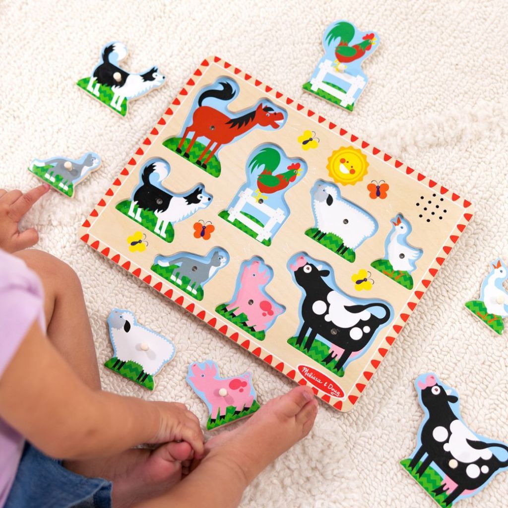 (ของแท้ USA) จิ๊กซอว์ไม้ มีเสียง รุ่นฟาร์ม มีตุ่มจับ สนุก อย่างดี ไม่มียี่ห้อ Sound Puzzle Farm Melissa & Doug ของเล่น — صورة 5