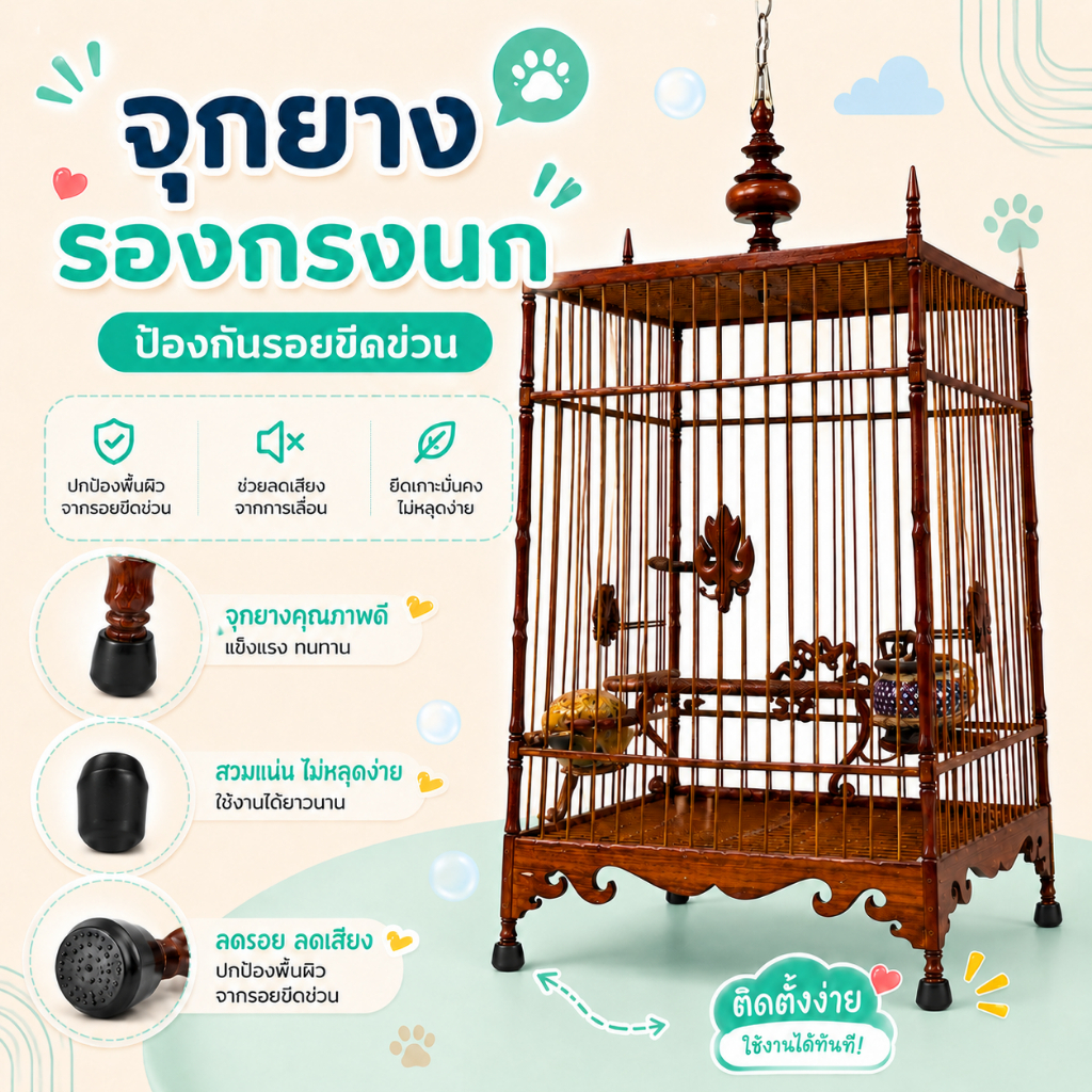 lalamover จุกยางดำรองกรงนก สำหรับรองกรงนกแขวนหรือวางกับพื้น พลาสติกเกรดPVC