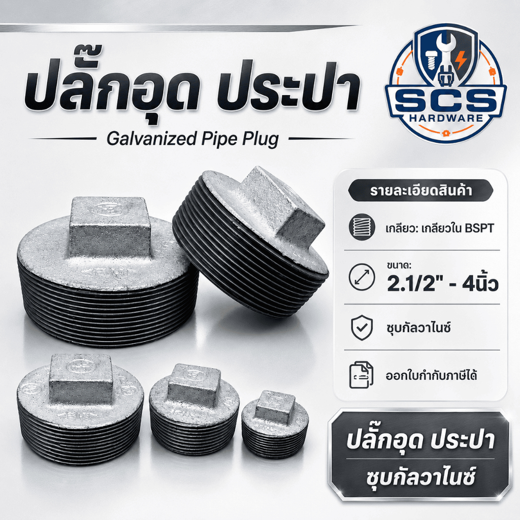 ปลั๊กอุด ประปา เกลียวนอก ขนาด 2.1/2" - 4" ปลั๊กอุดเหล็ก หัวอุดเกลียวนอก เหล็กชุบกัลวาไนซ์ อุปกรณ์ประปา Pipe Plug Galvani