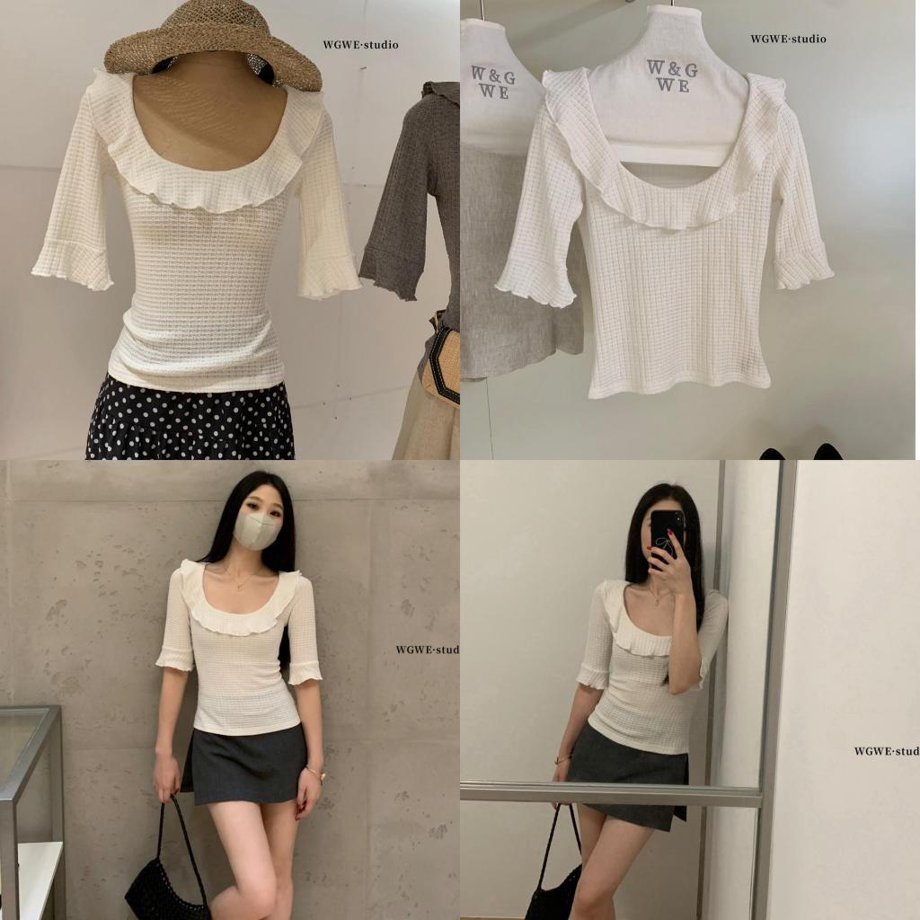 เสื้อคอยูคอปก แขนยาวถึงข้อศอก ป้ายWG.WE แขนเสื้อแต่งชายระบาย ผ้านุ่มยิดหยุ่นได้ 10523