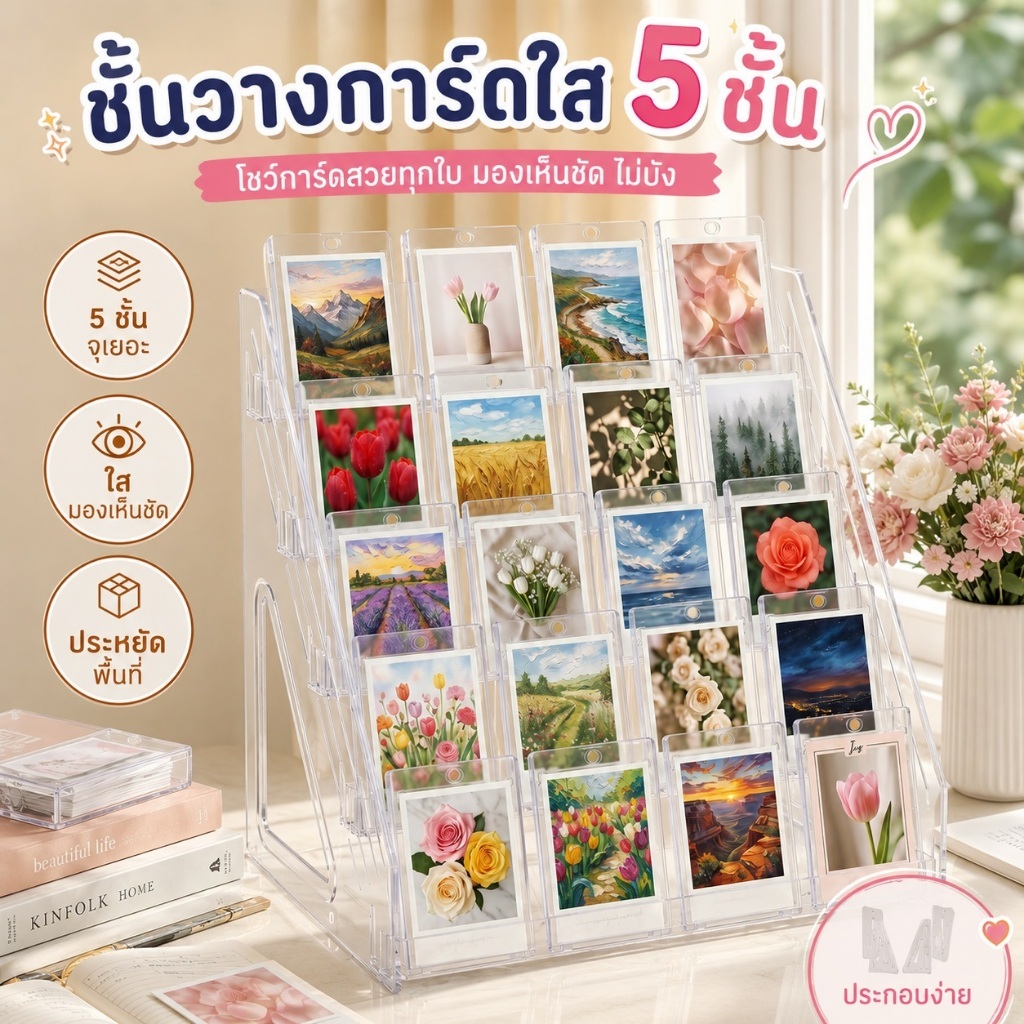 กีฬาการ์ด 5 ชั้นขาตั้งแนวตั้งชั้นวางที่ชัดเจนสำหรับสะสมการ์ดแผ่นโปสการ์ดและโต๊ะองค์กร