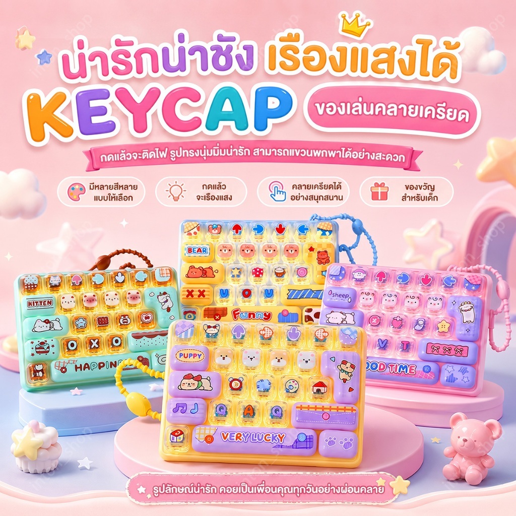 ส่งด่วน คีย์บอร์ดของเล่นคลายเครียด 26 ปุ่ม มีไฟ 10 ปุ่ม คลิกเกอร์ Fidget Toyใช้เป็นพวงกุญแจ