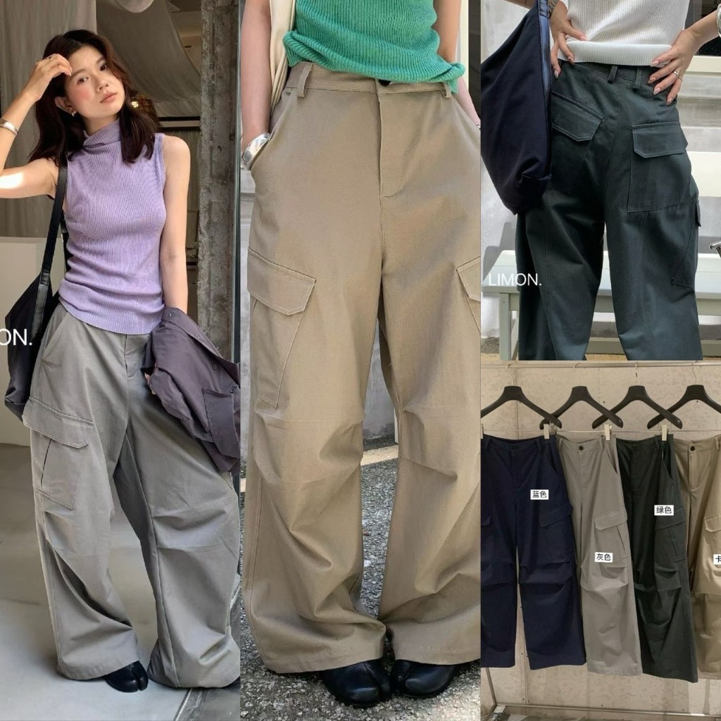 LM11202 สายคาร์โก้ห้ามพลาด! กางเกงขายาวทรงกระบอกใหญ่ (Cargo Pants) แฟชั่นเกาหลี TAG LEMON