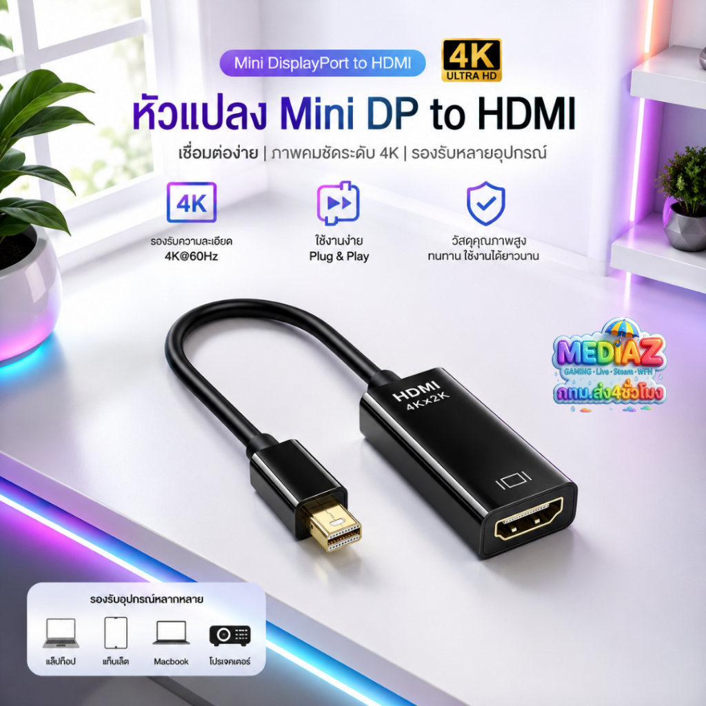 ส่งทันที  สายแปลง Mini DP เป็น HDMI 4K (Mini DisplayPort to HDMI) Adapter ต่อจอภาพ ทีวี คอม