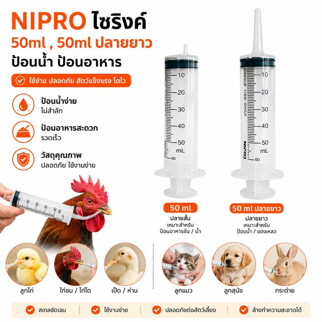 ไซริงค์อเนกประสงค์ Nipro ขนาด ( 50ml กับ 50ml ปลายยาว ) สำหรับป้อนน้ำ ป้อนอาหาร ไก่ชน และสัตว์เลี้ยง
