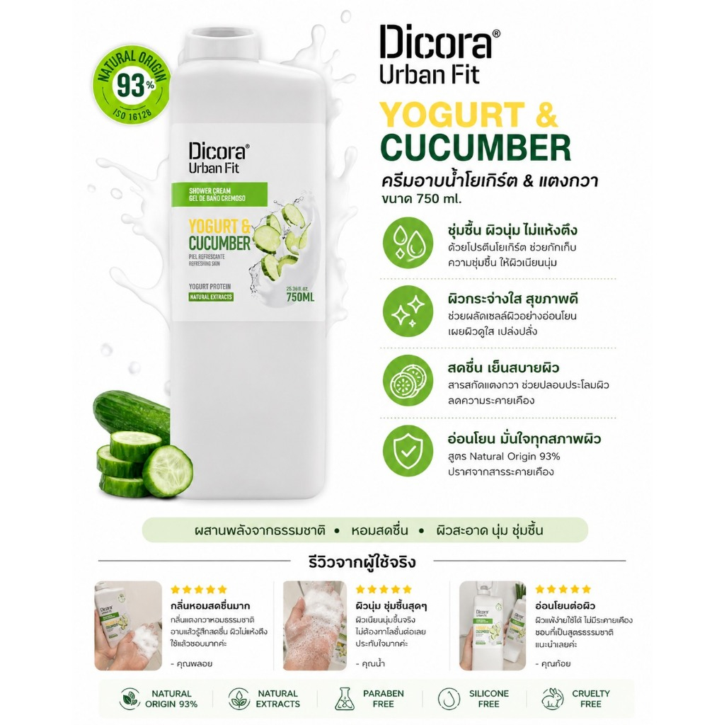พร้อมส่ง Dicora Urban Fit Bath Gel Proteins Yogurt & Cucumber 750 ml