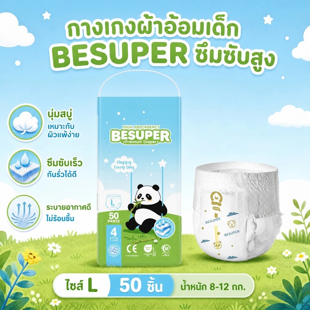 Besuper ผ้าอ้อมเด็ก แห้งสบาย ผิวไม่อับชื้น ซึมซับเร็ว ไม่รั่วซึม สำหรับทุกวัย👶 รูปที่ 1