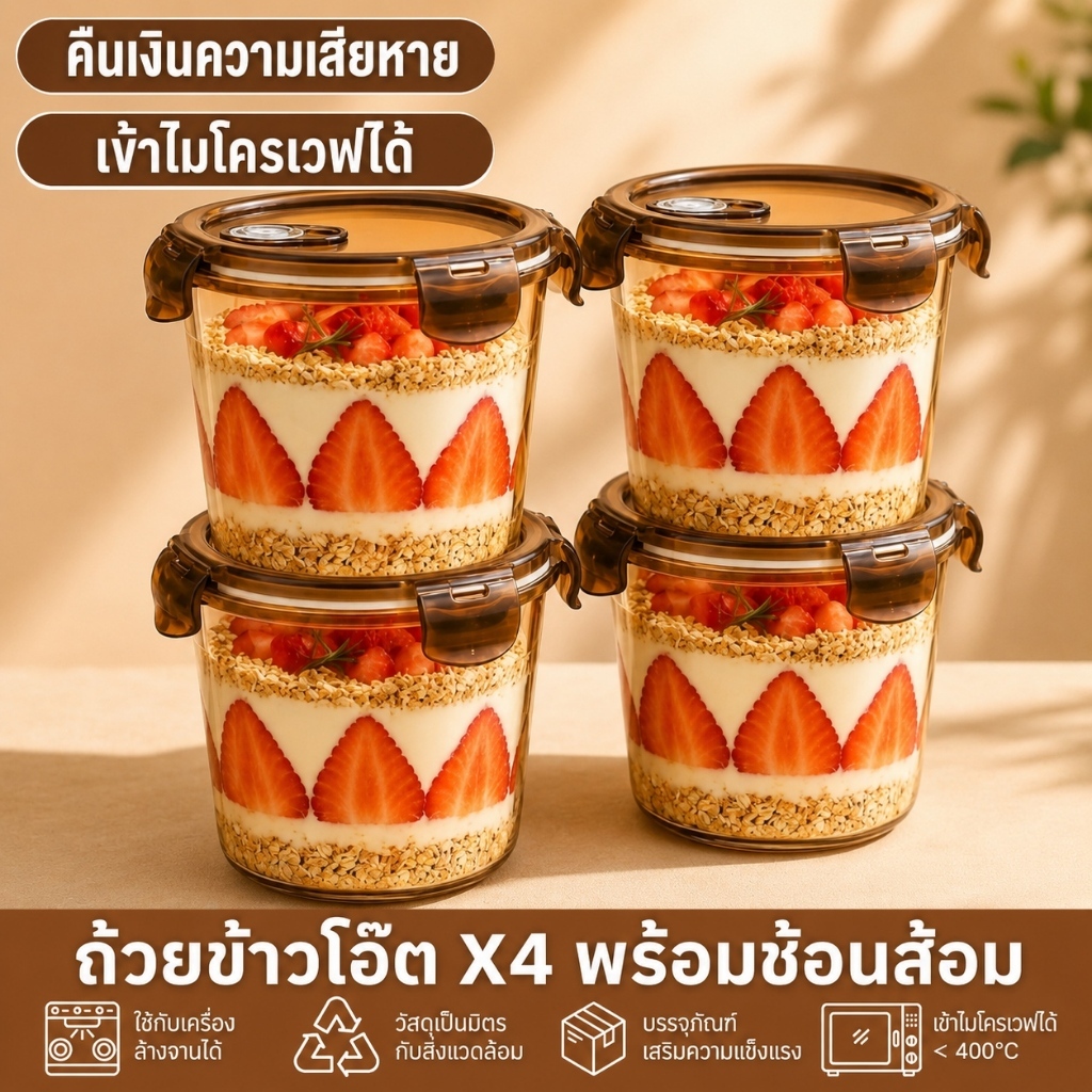 ซื้อ 2 แถม 2 ถ้วยข้าวโอ๊ตแก้วสำหรับอาหารเช้า พร้อมช้อนและฝาปิด ขนาด 700 มล. พกพาสะดวก พร้อมฝาปิด