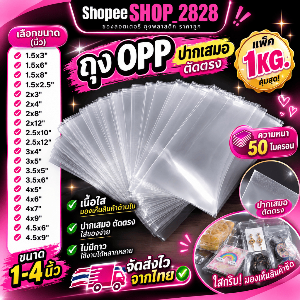 ถุงแก้ว OPP หน้ากว้าง 1.5 - 4.5 นิ้ว มีความยาวให้เลือกหลายขนาด เนื้อหนา 50 ไมครอน คุณภาพดี (แพ็ค1KG)