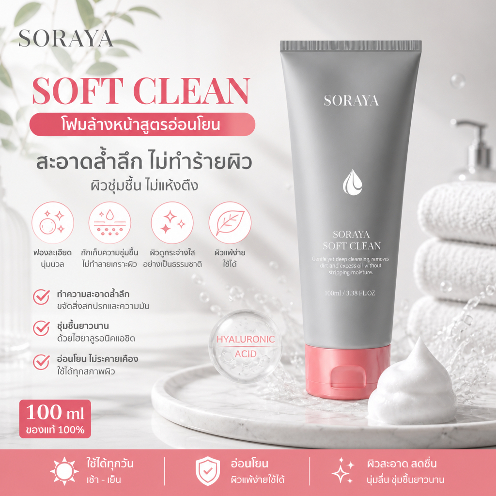 SORAYA SOFT CLEAN โฟมล้างหน้า สูตรรวมวิตามินบี3 ไนอาซินาไมด์ ใช้สำหรับล้างหน้าได้ทุกวัน เนื้อสัมผัสเรียบเนียน ขนาดบรรจุ