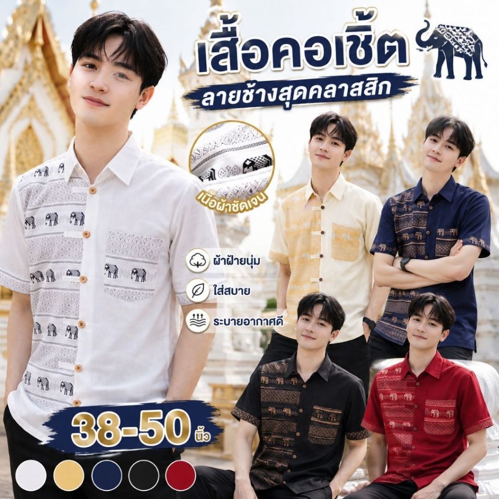 เสื้อผ้าฝ้ายคอเชิ้ตชาย - ตกแต่งด้วยลายช้างไทย